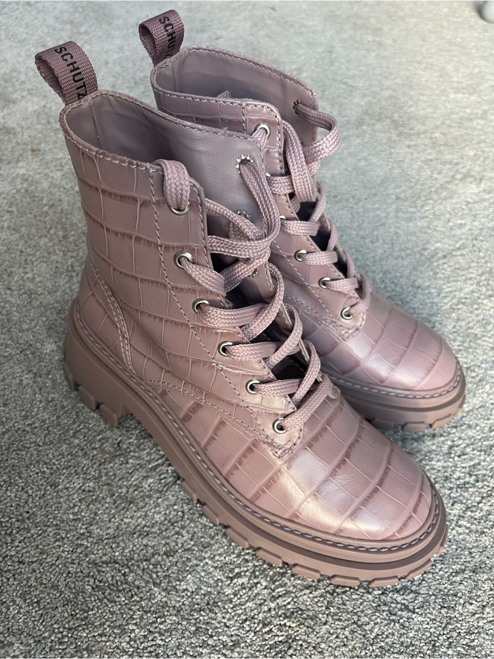 SCHUTZ Croc-Embossed Lace-Up Combat Boots in Sweet Lilac